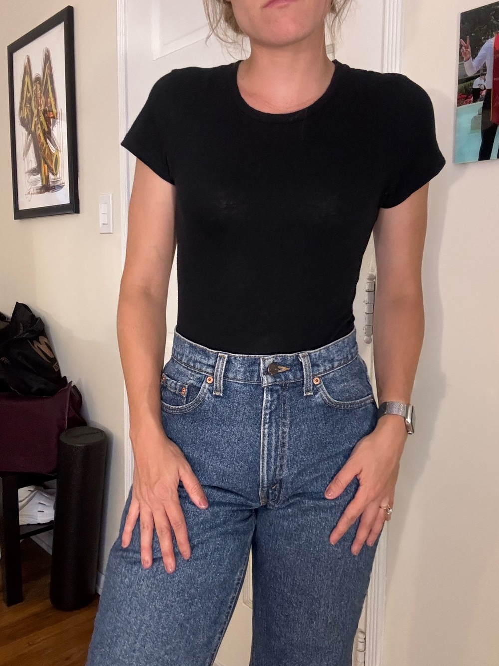 Re/Done 1960s  100% cotton Black Short Sleeve Snap-Button t shirt Bodysuit xs